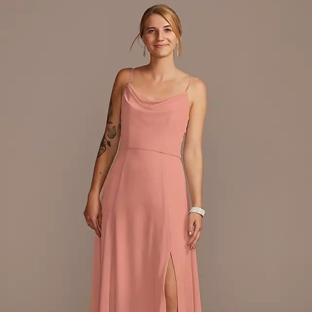 Cowl neck chiffon bridesmaid dress with slit desert rose size 4 new with tags